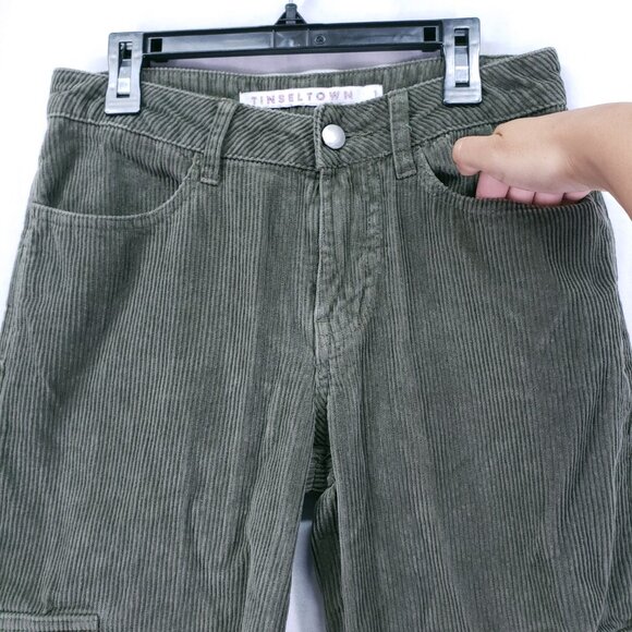 Tinseltown Pants Womens Size 1 Green Corduroy Baggy Wide Leg Cargo 100% Cotton - Picture 7 of 16